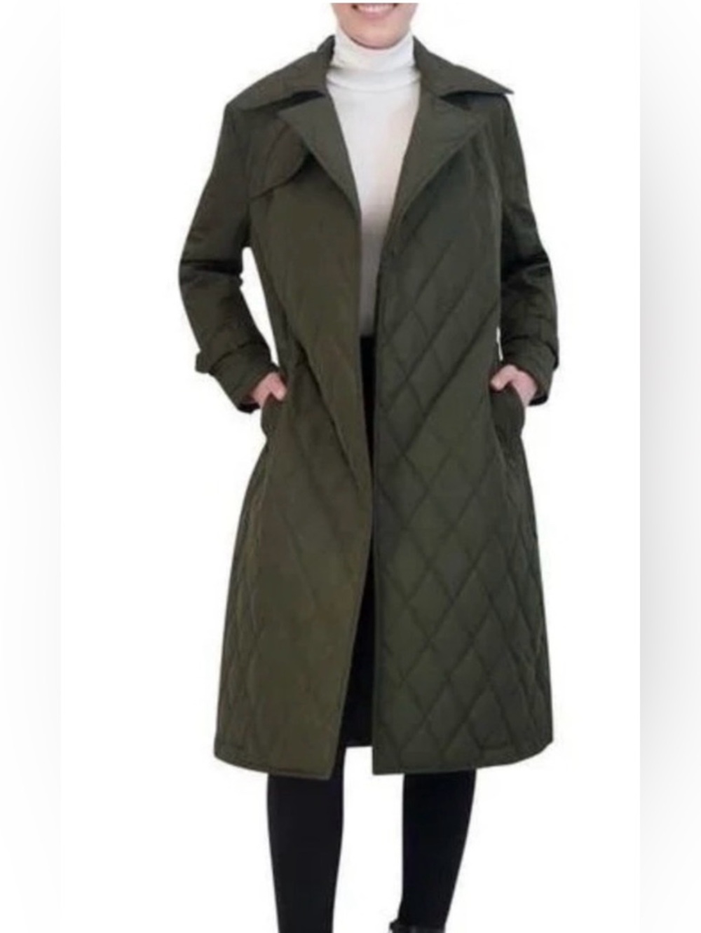 NWT Rebecca Minkoff Diamond Quilted Trench Coat Olive Green, Belted, SMALL